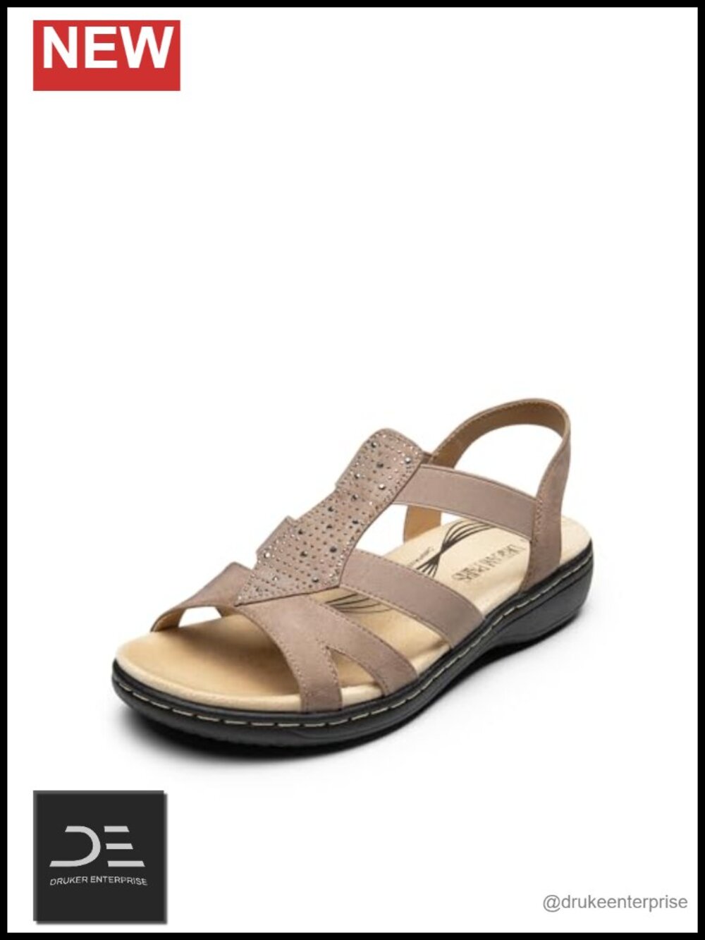 Women's Flat Sandals with Arch Support, Rhinestone Embellishment, Elastic
